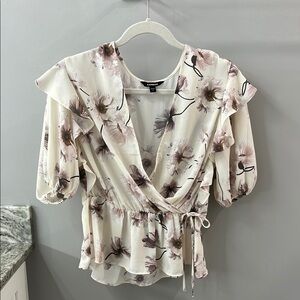 Express Cream and Brown Flutter Sleeve Wrap Blouse